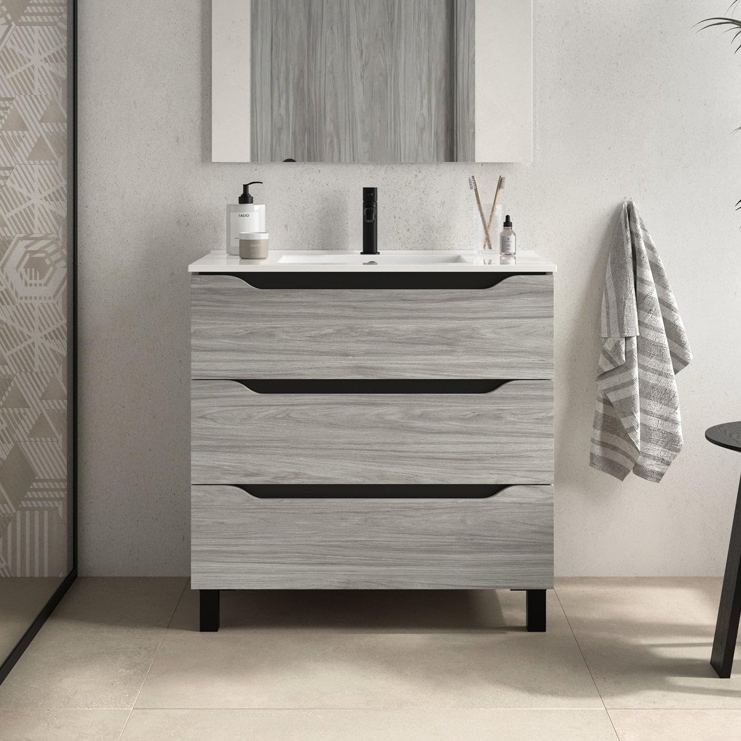 Trio Mueble de Baño con Lavabo 3 Cajones Color Roble Cambrian - Medida: 80 cm 80 cm