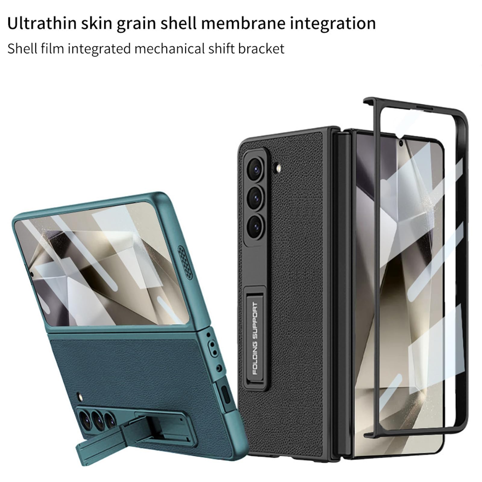 Kickstand Etui do telefonu Samsung Galaxy Z Fold 6, wąskie skórzane etui z teksturą z włókna węglowego, kompleksowa ochrona, odporne na wstrząsy, odporne na zarysowania, czarne, składane 6
