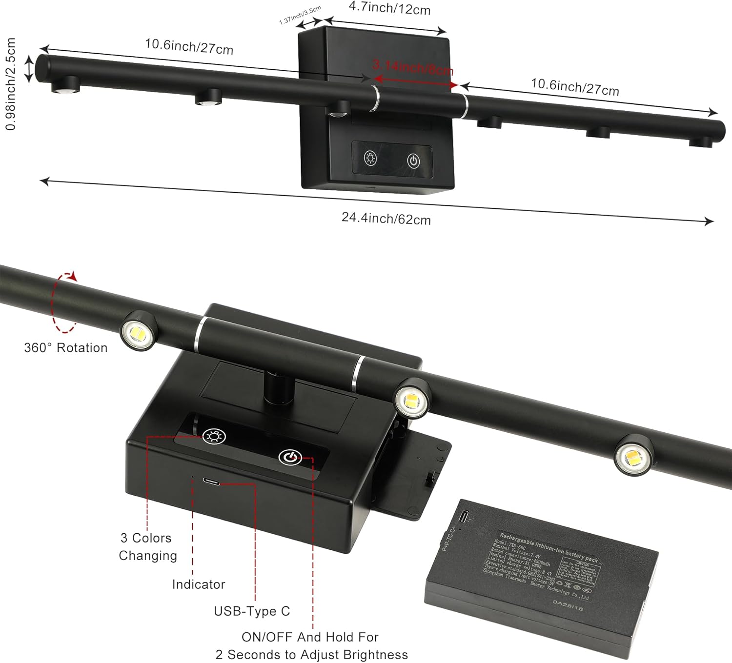 REXTiN Picture Lights Rechargeable for Wall: Battery Operated Wall Sconces Wireless Art Lighting for Painting Canvas Gallery 360° Rotatable Detachable Battery Aluminum 48H (1, Black with Lens)