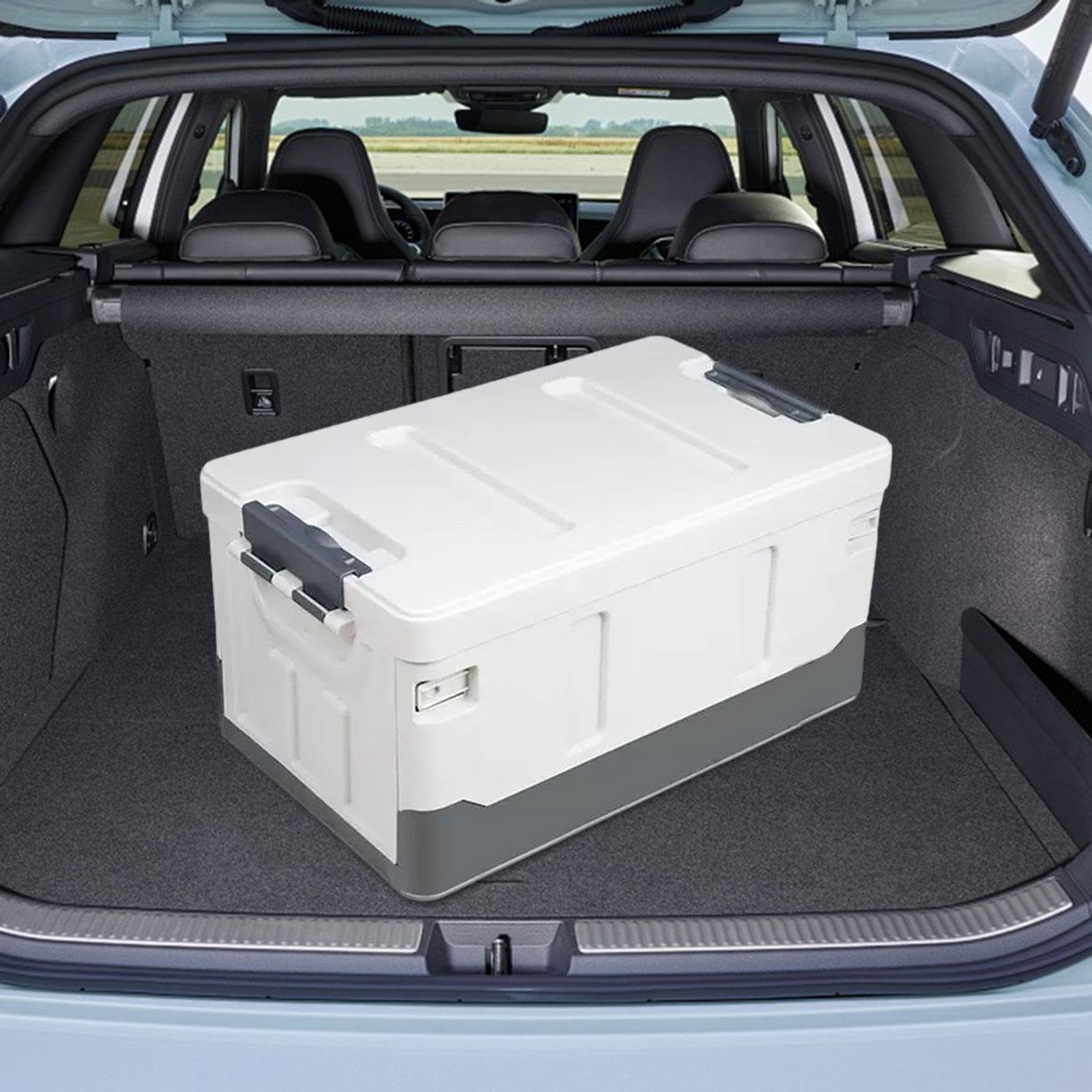 Kofferraum Organizer Aufbewahrungsbox Faltbare Aufbewahrungskiste mit Deckel Stapelbare Transportbox Tragbare Campingkiste für Haushalt, Weiß