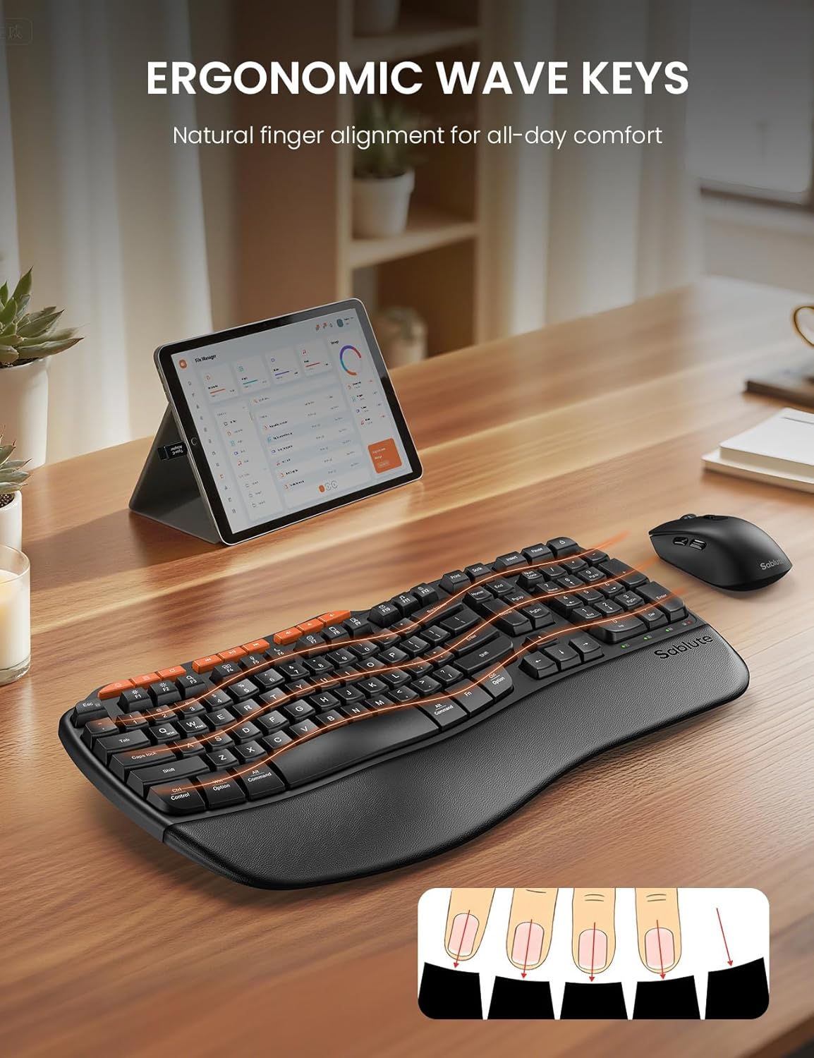 Ergonomic Wireless Keyboard and Mouse Combo, 2.4G Full Size Wave Key Board with Cushioned Palm Rest, Natural Typing, 3 DPI Adjustable Mouse, USB-A & C for Computer/Laptop/Mac/Tablet – Sablute - Image 2