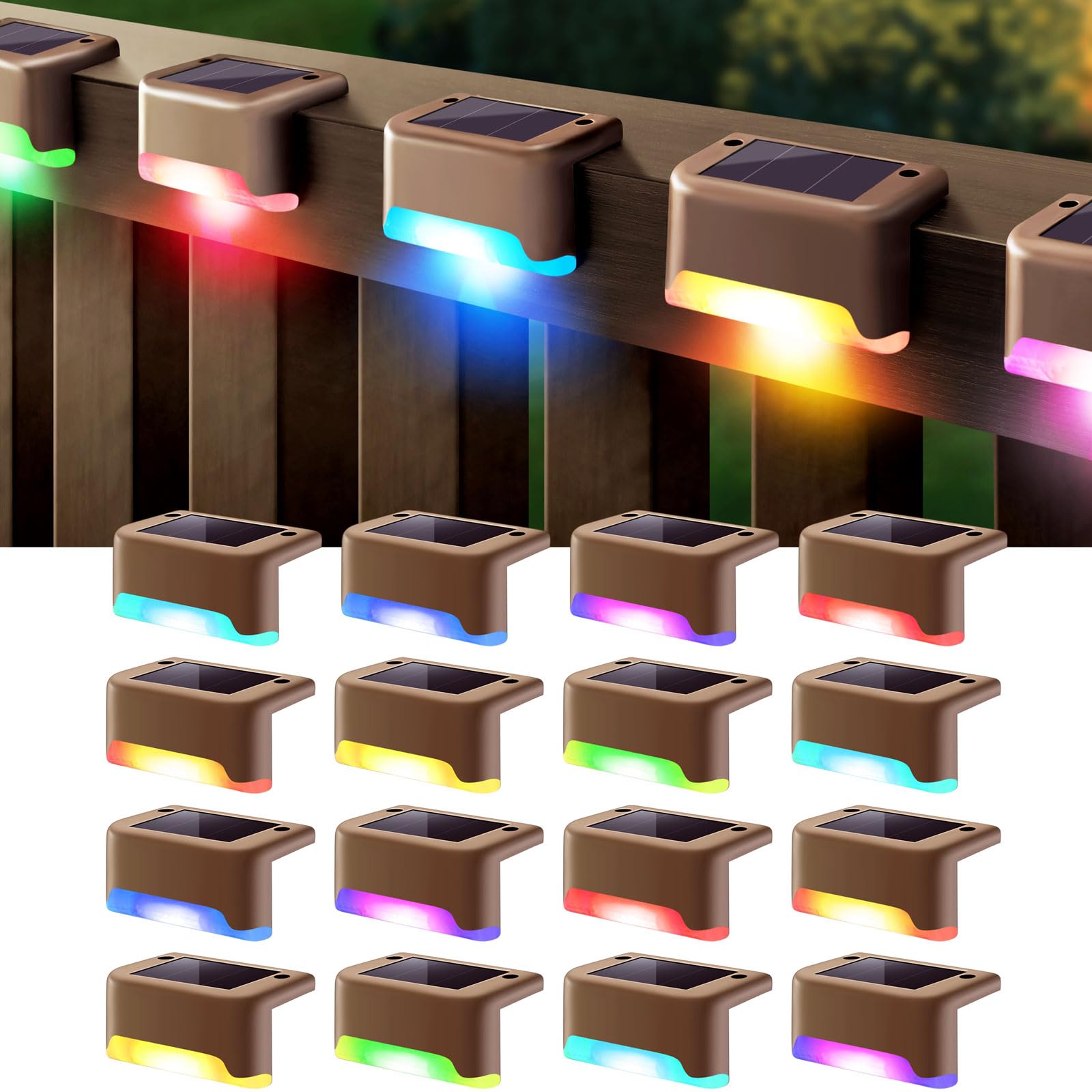 DenicMic Solar Deck Lights Outdoor 16 Pack Step Solar Lights Waterproof for Patio Fence Step Yard Stair RGB Color Changing LED Outside Deck Lighting
