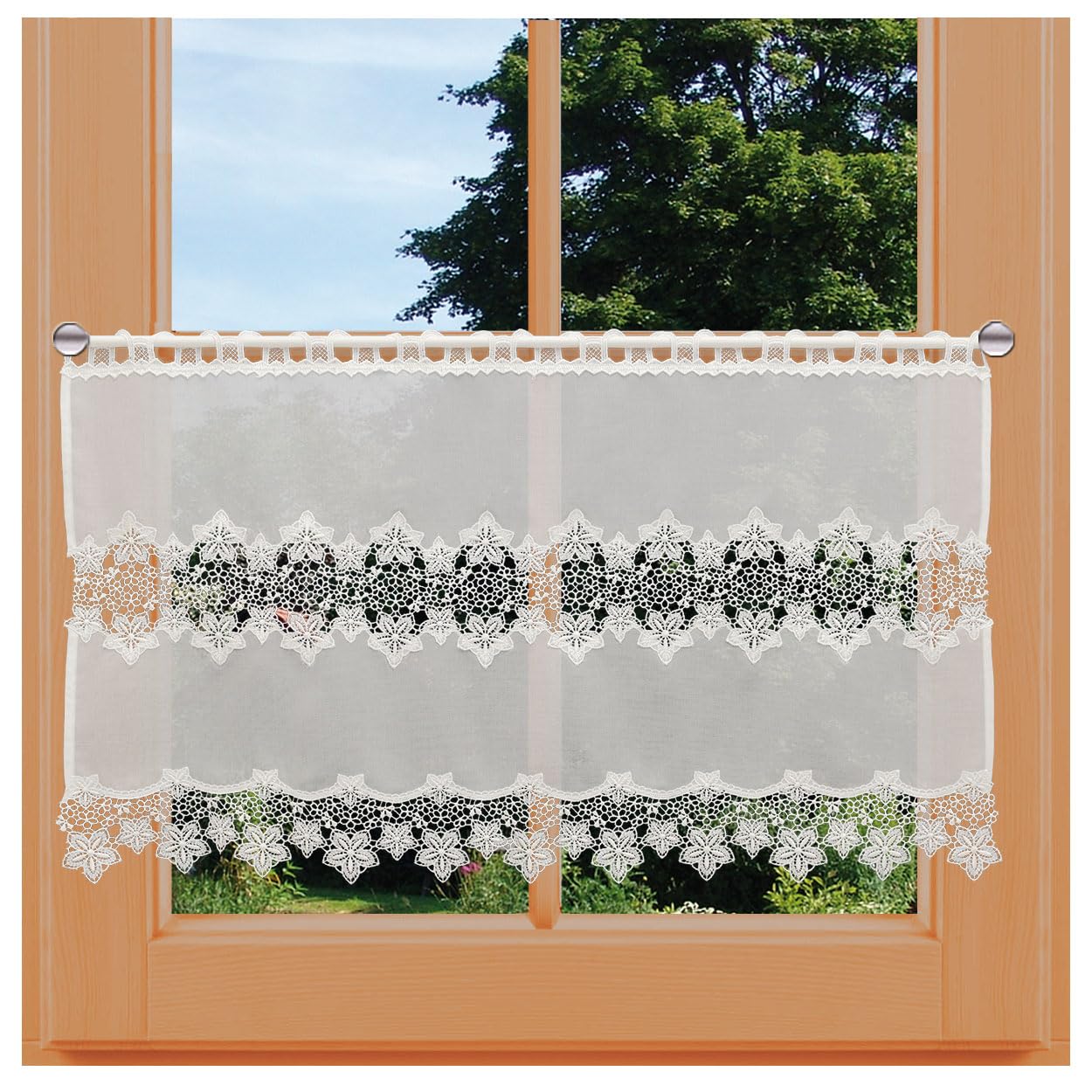 Feenhaus-Spitzengardine Jolanda Vogtländische Spitze in Natur | Landhaus-Scheibengardine mit Blumen-Muster | klassischer Scheibenhänger handgefertigt | Bistrogardine Höhe x Breite 50 x 132 cm