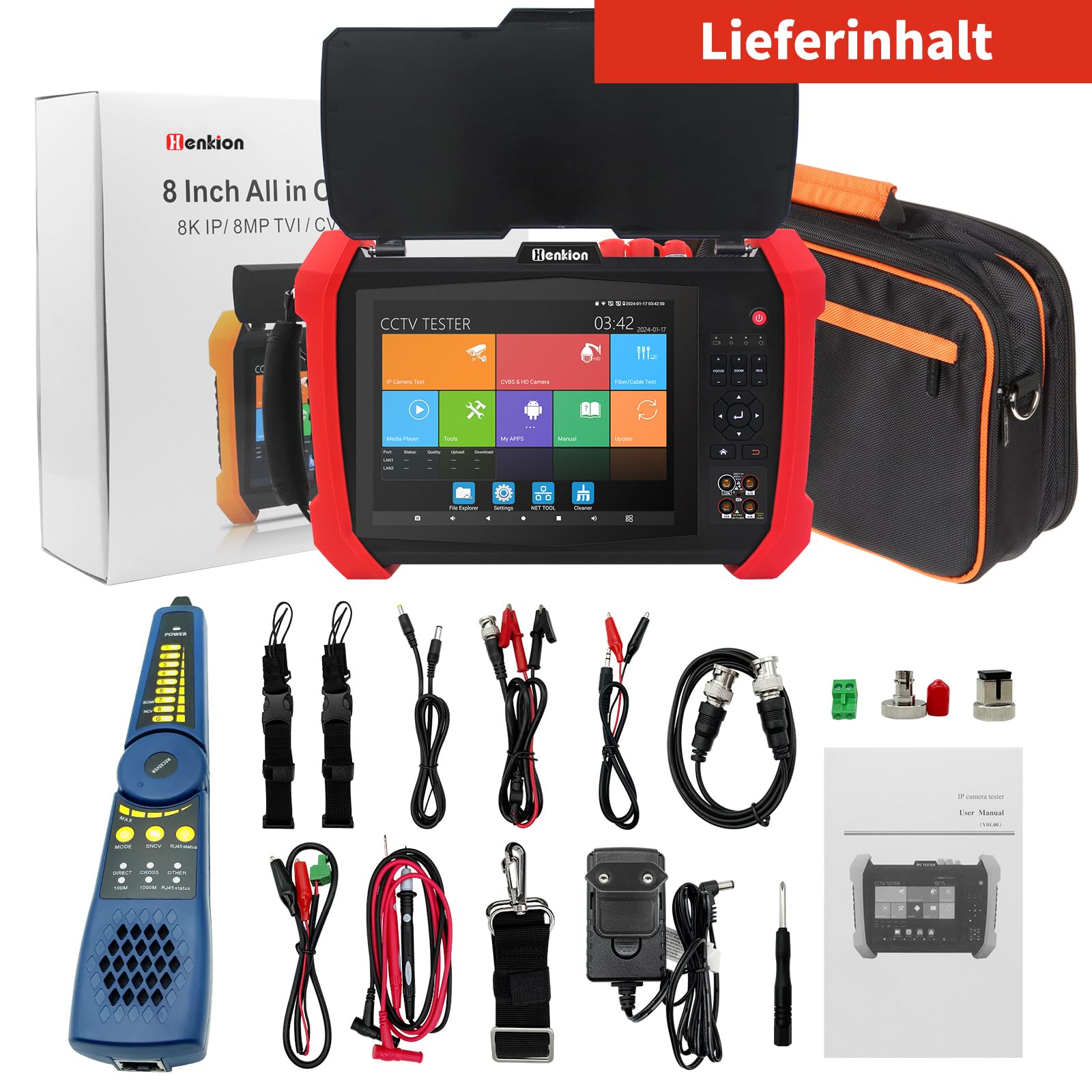 Henkion IPC CCTV Tester H20-MOVTADHSEF 8K 32MP 12MP Telecamera IP Test POE++ Max 90W HD Tester fotocamera 8MP TVI/CVI/AHD/SDI/CVBS DMM TDR WiFi Network Tools RJ45 Cavo Tester 2CH SFP Port HD VGA