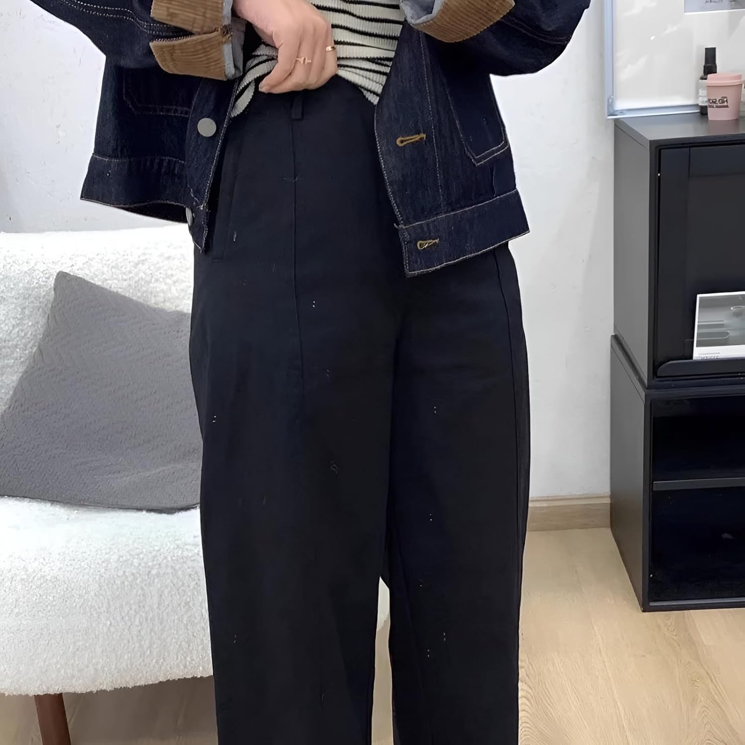 [mocoly] ワイドデニム 脚長効果 ホワイトビッグサイズハーレンパンツ 梨形体型専用設計 9分丈デザイン 春の ストレッチ素材