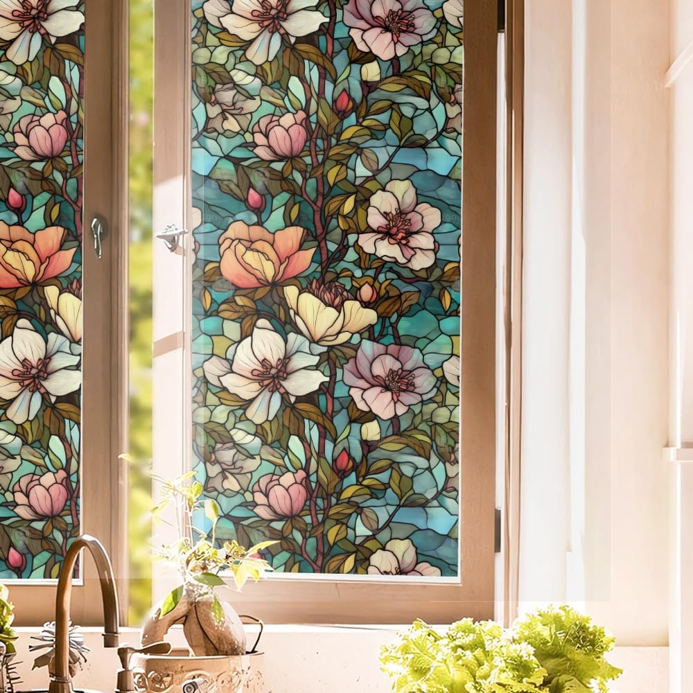 16“x119 Blue Pink Magnolia Flowers Double Side Window Films Decorative Window Privacy Tinting Self-Adhesive Static Glass Window Clings Stickers for Living Room Bathroom Glass Decor