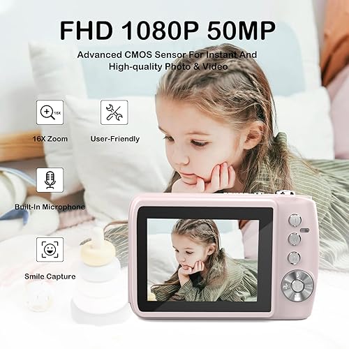 Miniatura 7 de Cámara digital para 50MP FHD 1080P, cámara digital de apuntar y disparar con zoom de 16X, antivibraciones, viajes en interiores y exteriores, cámara