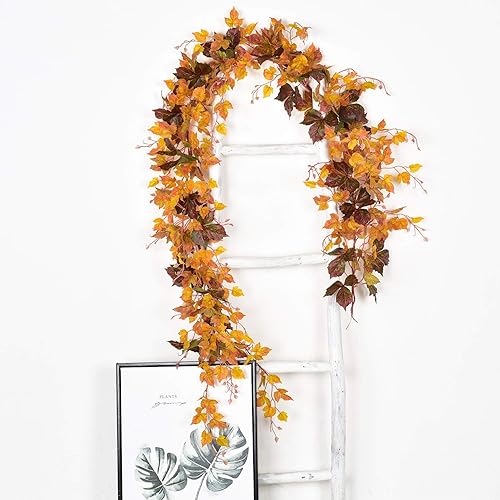 Miniatura 6 de Paquete de 2 guirnaldas de vid de hojas de arce de otoño, 6.5 pies/pieza, guirnalda de vid colgante artificial, follaje otoñal, decoración de Acción