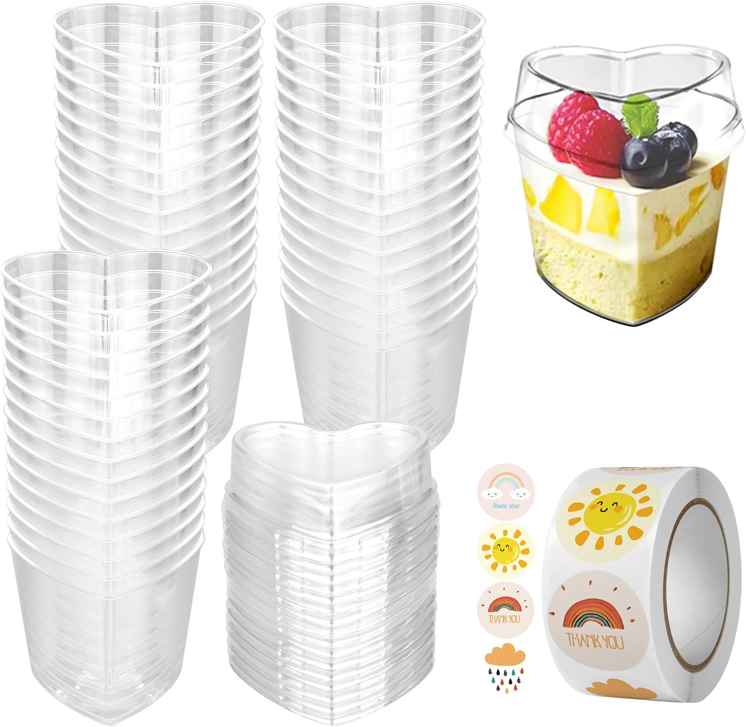 50 Pcs Reusable Mini Dessert Cups, 5oz/150ml Plastic Dessert Pots with Lids, Stickers, Clear Small Cup Serving Dessert Bowl for Wedding, Birthday Parties Cheesecake Candy Desserts