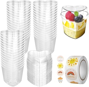 50 Pcs Reusable Mini Dessert Cups, 5oz/150ml Plastic Dessert Pots with Lids, Stickers, Clear Small Cup Serving Dessert Bowl for Wedding, Birthday Parties Cheesecake Candy Desserts