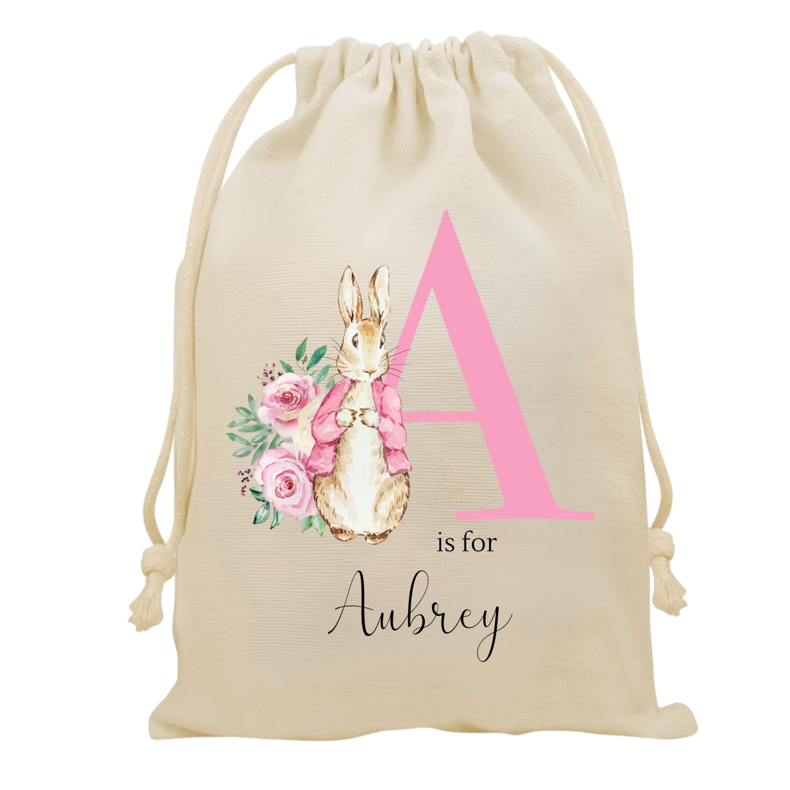 Personalised Gift Bag - Custom Name Pink Initial Bunny Beatrix Rabbit Drawstring Sack - Personalise Name Kids Children's Cotton Canvas Easter Birthday Christening Present Treat - Canvas S - 23 x 34cm