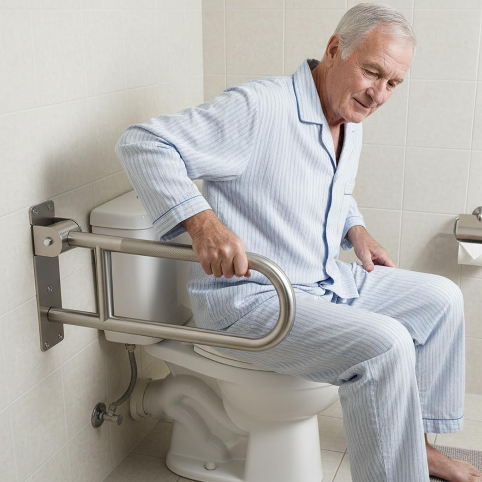 Maniglione Ribaltabile Bagno Wc, Acciaio Inossidabile Opaco Antiscivolo con Corrimano di Supporto Parete 90 Pieghevole Sicurezza Doccia Toilette - Argento - 60cm