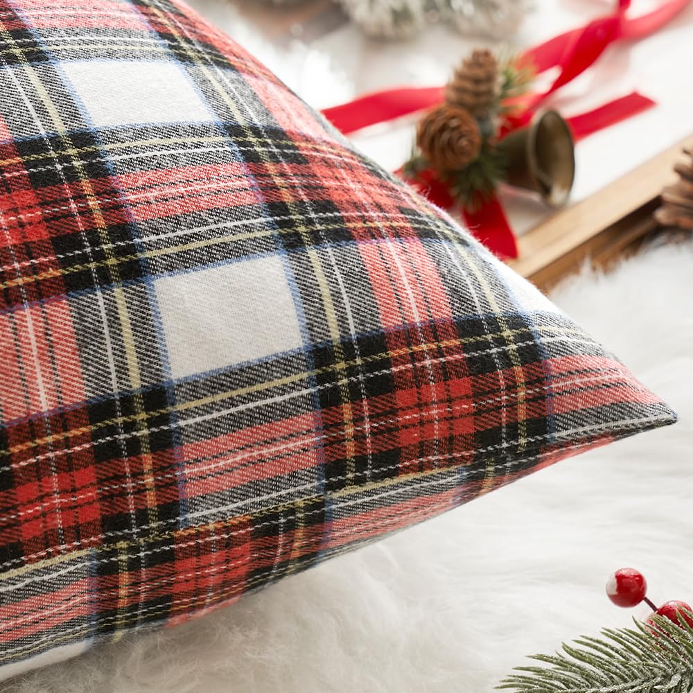 EMEMA Christmas Red and White Tartan Plaid Throw Pillow Covers 20x20 Inch Decorative Scottish Farmhouse Retro Classic Square Cushion Cases for Decor Sofa Couch Winter Holiday Set of 2