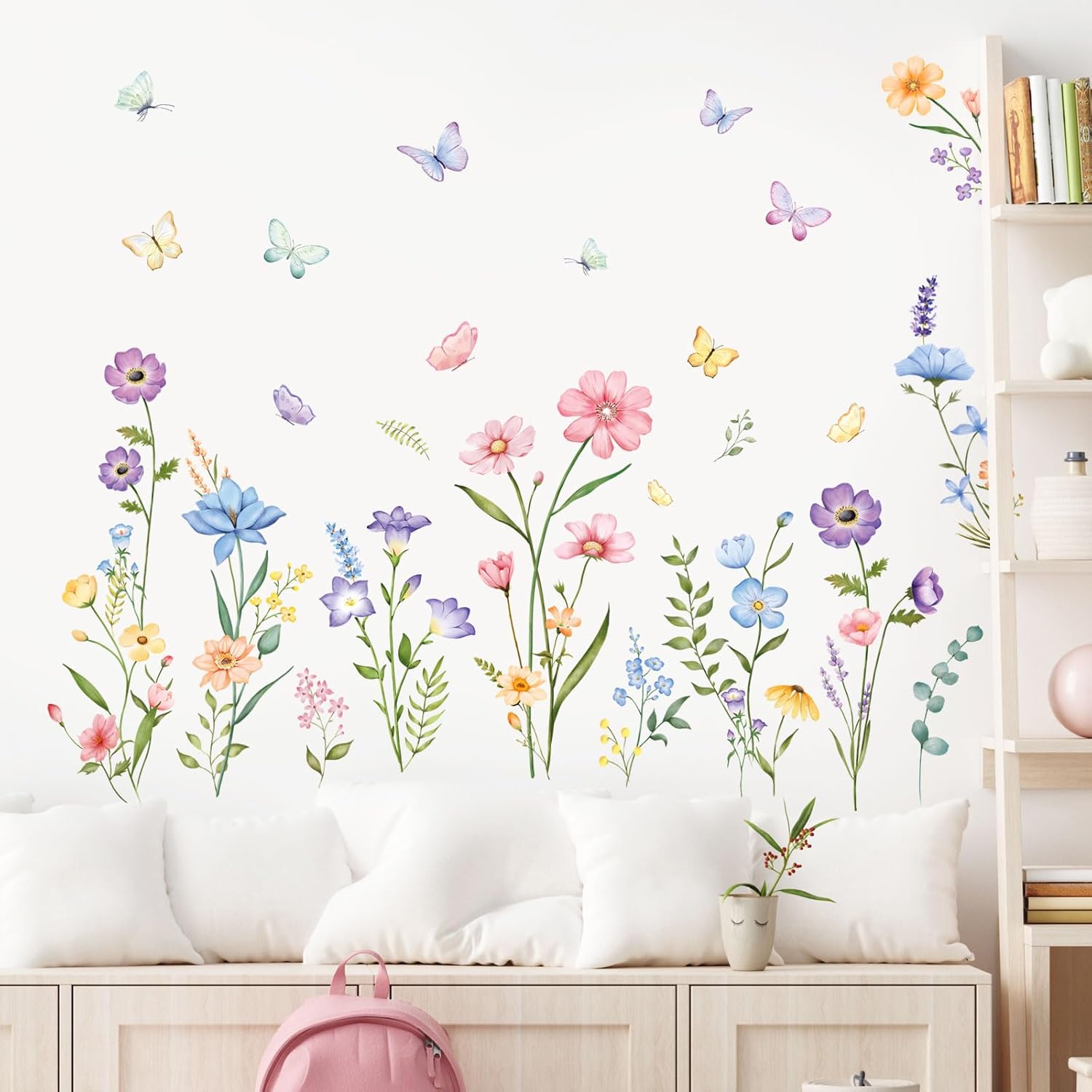 Flower Wall Decals Watercolor Wildflower Grass Butterflies Wall Stickers Peel and Stick Wall Art Decor for Girls Bedroom Living Room Home Office Wall Decor