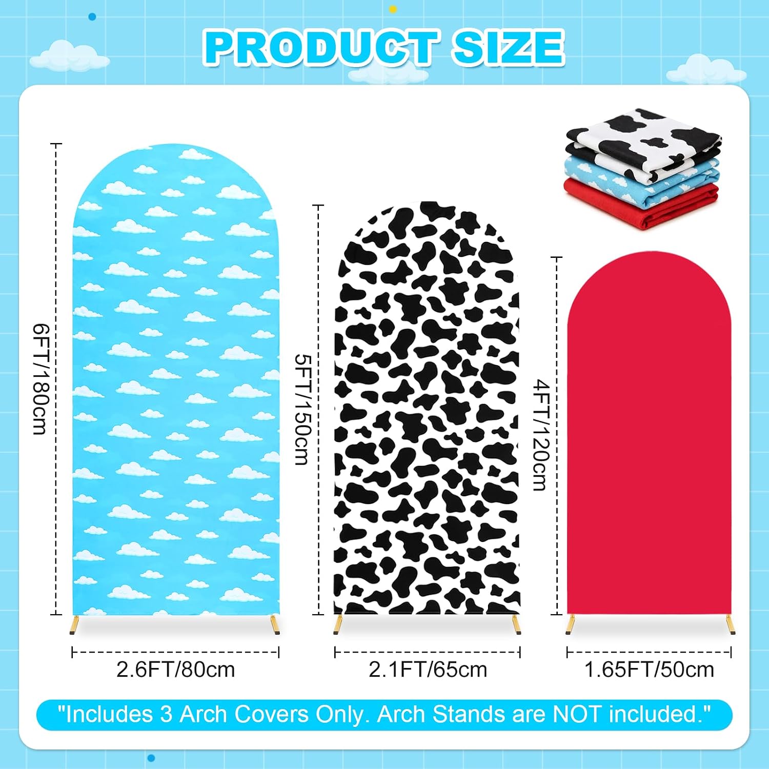 Set of 3 Arch Backdrop Cover 4FT 5FT 6FT, Premium Spandex Stretchy Arch Stand Cover, Cartoon Story Theme Chiara Backdrop Decorations for Birthday Party, Baby Shower, Wedding Ceremony