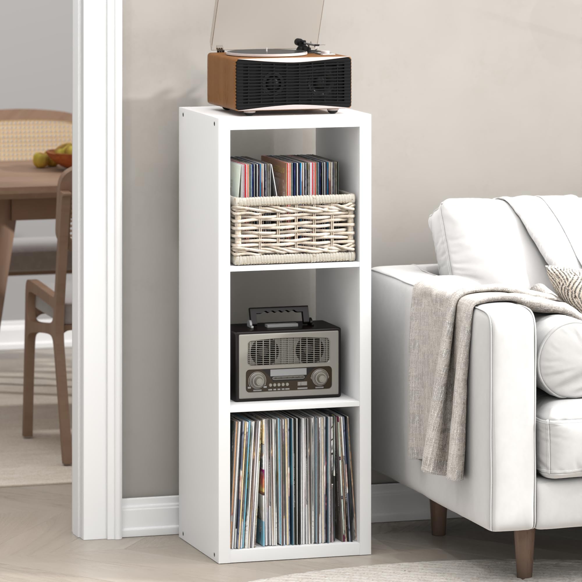 Furinno Cubicle Record Player Stand with Vinyl Storage, 3-Cube 1.2 Extra Thick Vinyl Record Storage, Open Back Media Shelf for CD DVD Blueray Game Disc, for Living Room, Home Office, White-image-21