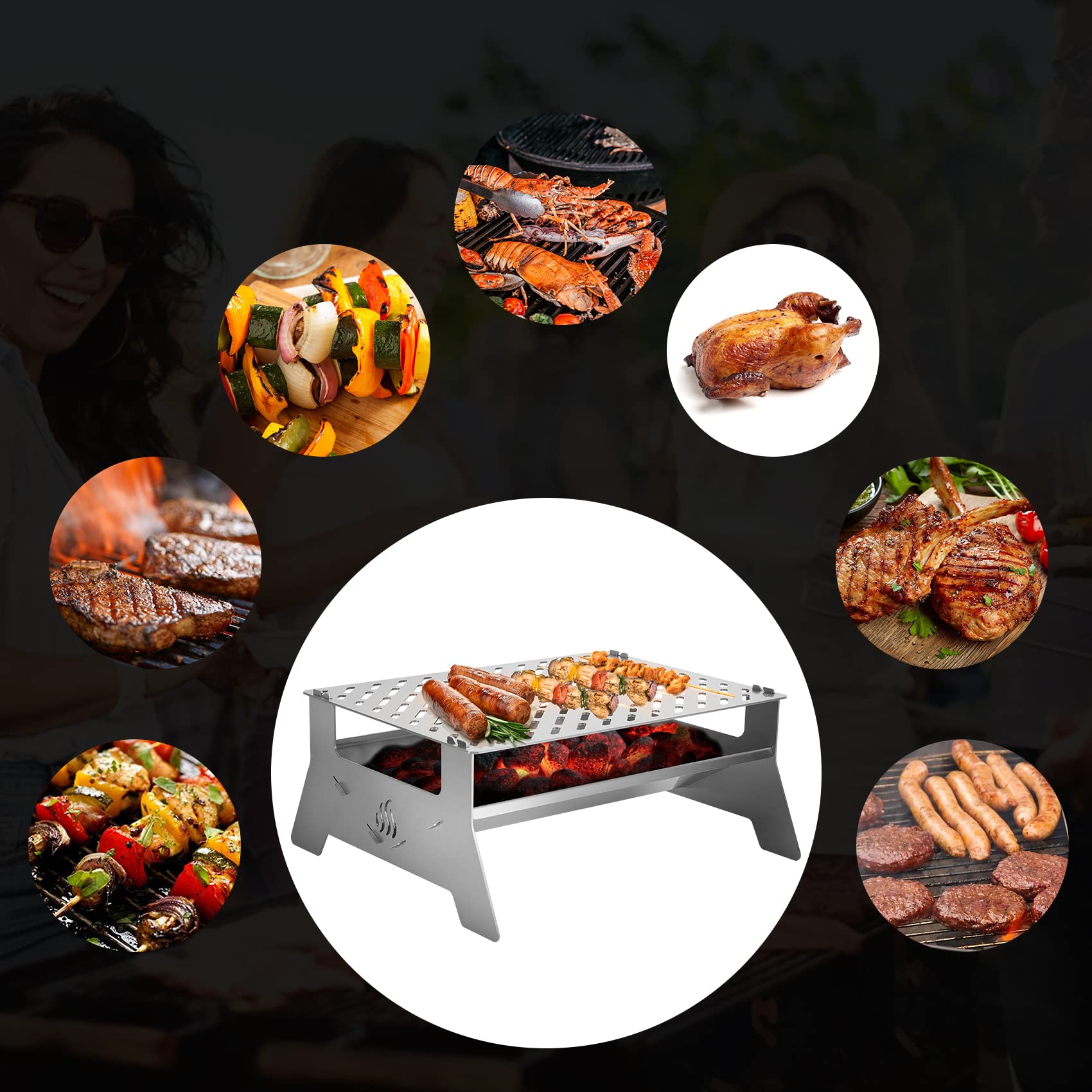 Onlyfire Grill stołowy, mobilny grill na węgiel drzewny, system rusztu ze stali nierdzewnej, z torbą do przenoszenia i szczypcami, do ogrodu, na kemping, imprezę, plażę