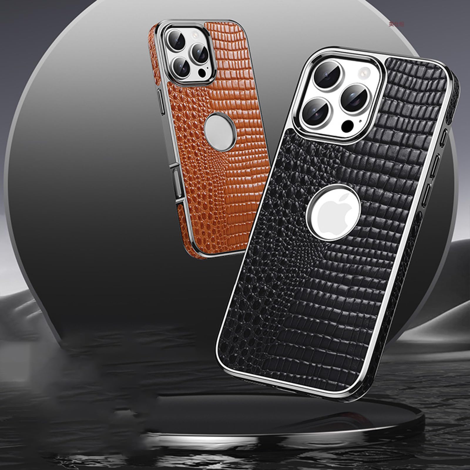 Etui z prawdziwej skóry do iPhone'a 16 Pro Max/16 Pro/16, lekka luksusowa tekstura krokodyla magnetyczne bezprzewodowe etui ładujące, logo, puste, brązowe, 16 Pro