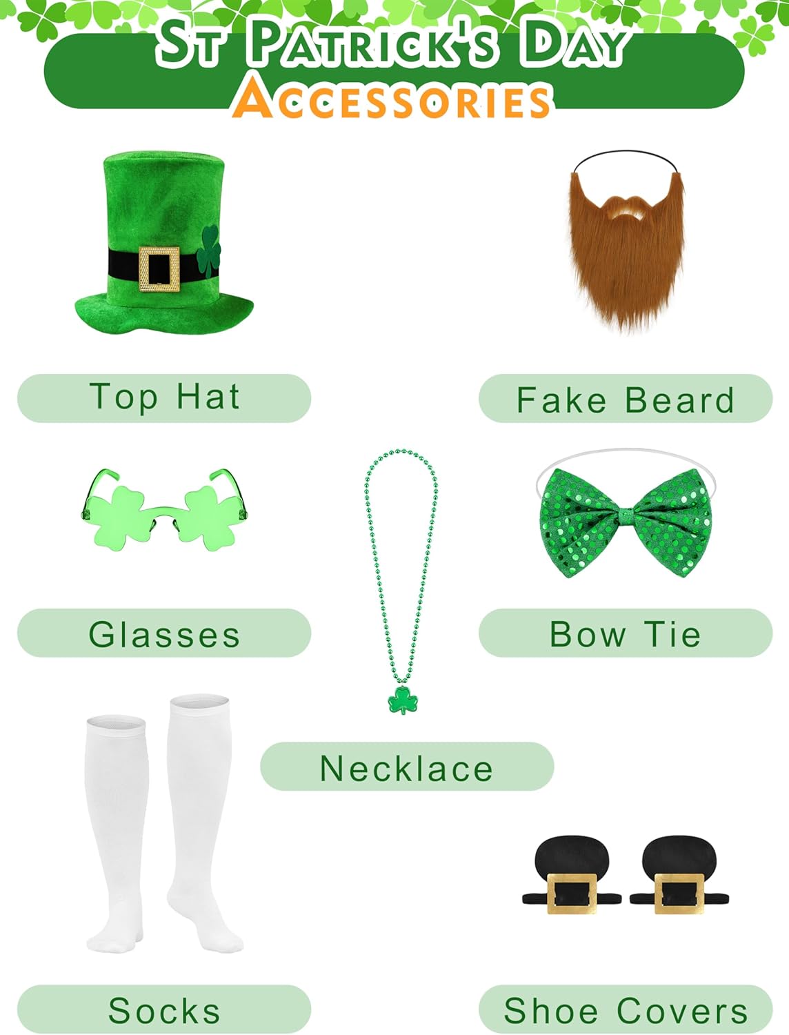 SOMSOC 9 Pieces Men St Patrick's Day Costumes Set Adult Irish Suit Outfit with Clover Hat Glasses for St Patrick's Day Party - Image 2