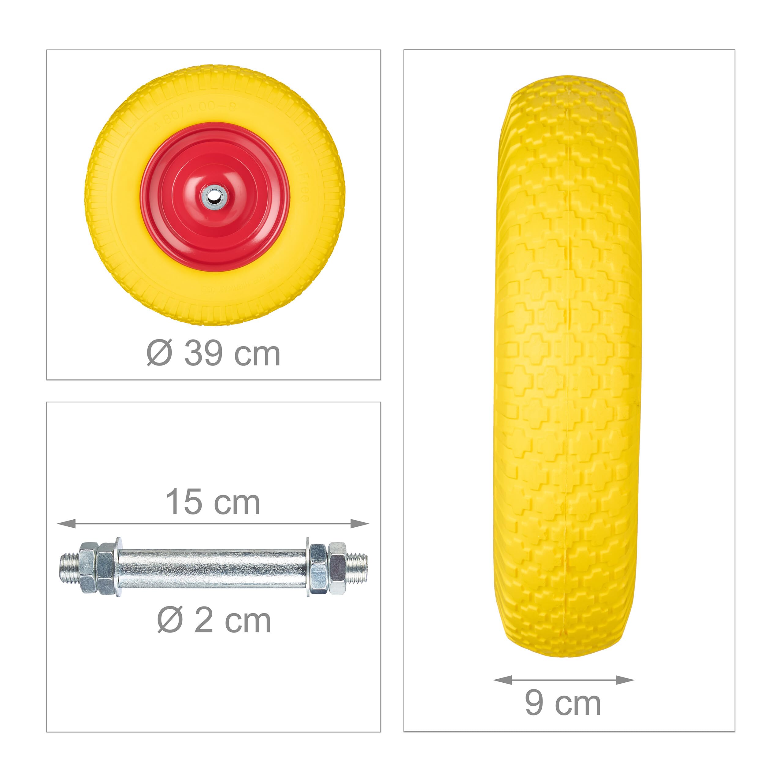 Relaxdays Schubkarrenrad 4.00-8, Vollgummi mit Achse, Ersatzrad Schubkarre, pannensicher, Traglast 100 kg, gelb/rot Relaxdays Schubkarrenrad 4.00-8, Vollgummi mit Achse, Ersatzrad Schubkarre, pannensicher, Traglast 100 kg, gelb/rot