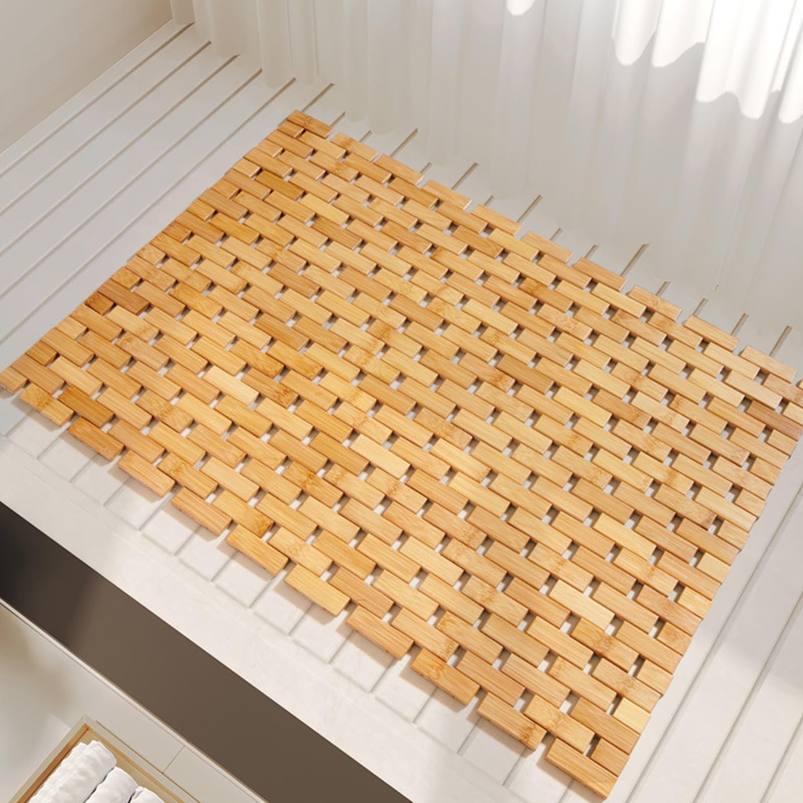 Badematte Bambus 40×60 cm Faltbare Duschmatte Holz Duschvorleger rutschfest Badezimmermatte Groß Dusche Rutschmatte Rechteckig(Natural,40x60cm)