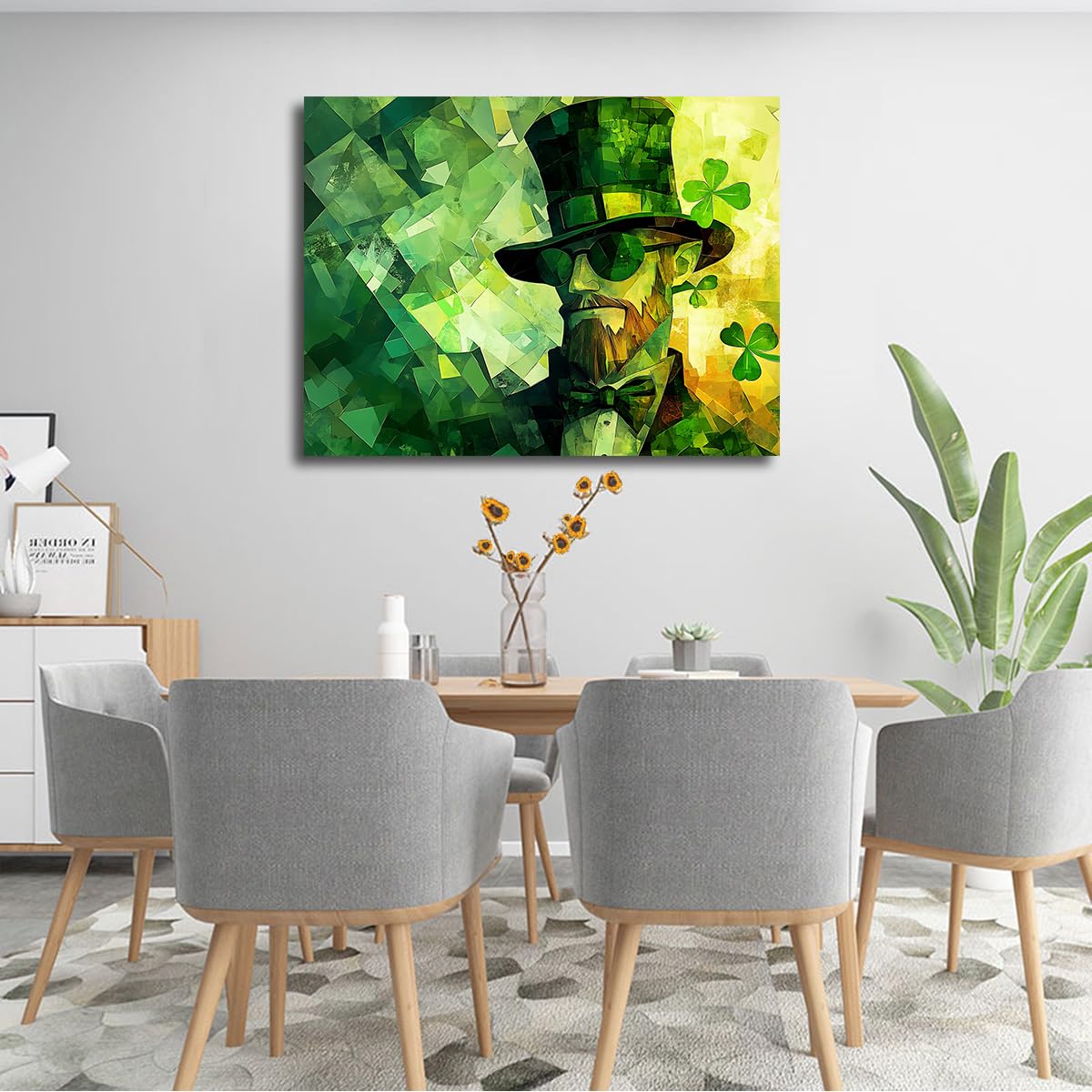 TOANGWALL St. Patrick's Day obraz na płótnie geometryczny człowiek zielony cylinder okulary przeciwsłoneczne abstrakcyjny styl mozaika liście malarstwo ścienne wydruki do dekoracji biura 85 x 100 cm