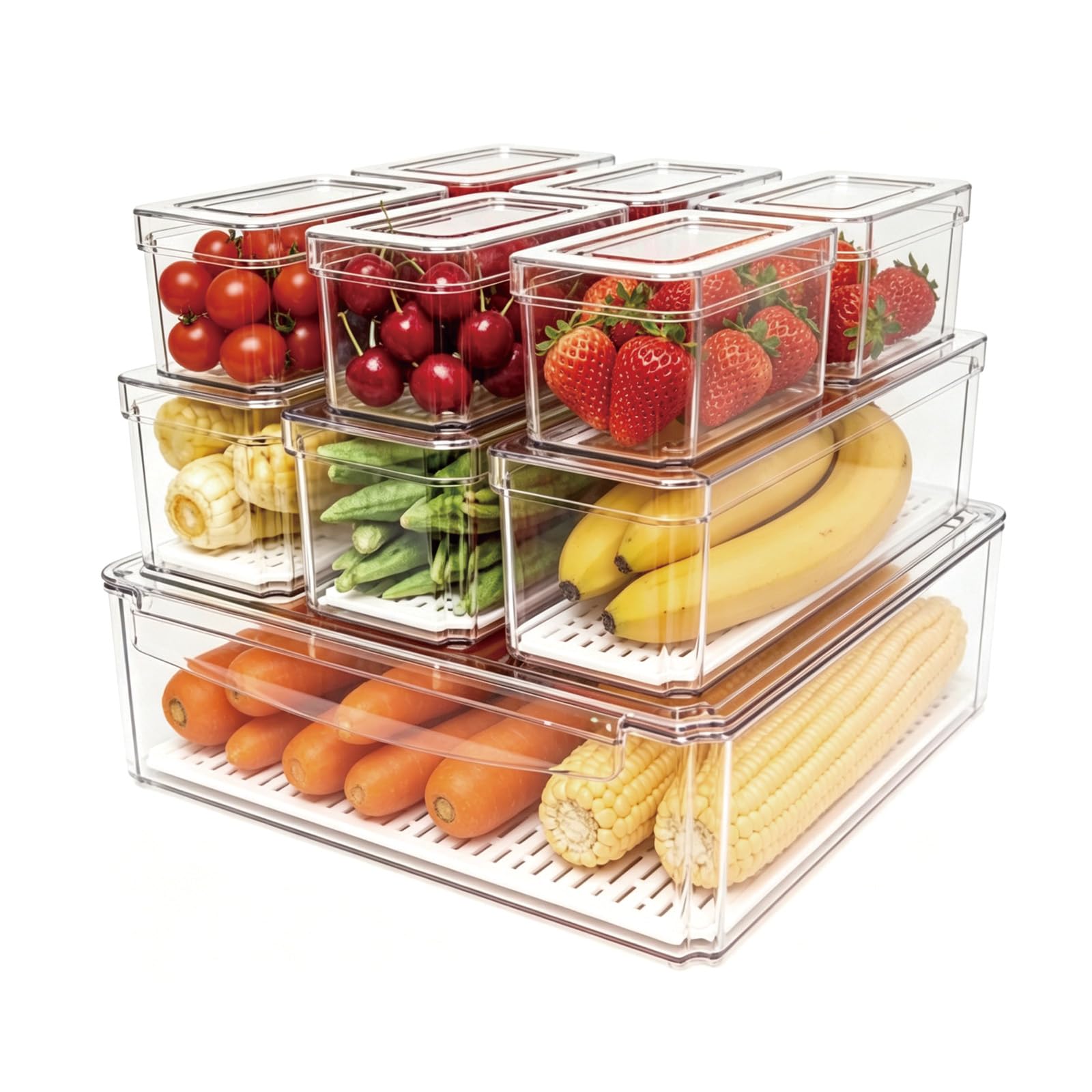 10er Pack Kühlschrank Organizer mit Deckel, Kühlschrank Organizer Stapelbar, BPA-frei, Durchsichtige Kühlschrank Aufbewahrungsboxen für Obst, Gemüse, Lebensmittel