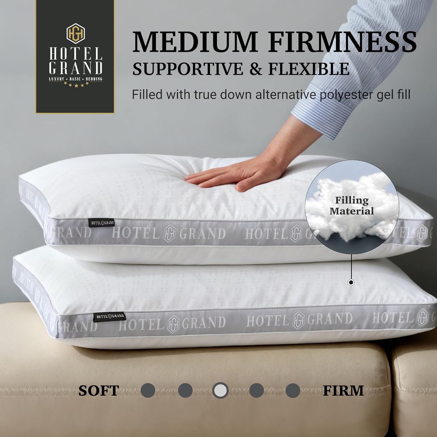 Hotel Grand Bed Pillows Queen Size Set of 2, 500 Thread Count Cotton Cover, Down Alternative Hotel Pillow for Side, Back, or Stomach Sleepers, Medium Firm Hypoallergenic 18”x26” - Image 2