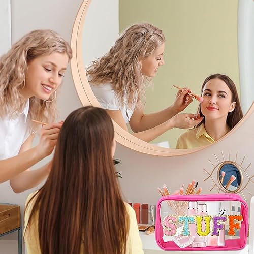 Miniatura 2 de Juego de 2 bolsas de maquillaje transparentes y preppy, grandes, pequeñas, de viaje, con letras de chenilla, bolsa de cosméticos de nailon y PVC,