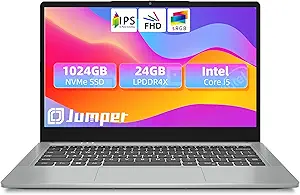 jumper Laptop, 24GB LPDDR4X RAM, 1024GB NVMe SSD, 3.6GHz Intel Core i5 Processor, Full HD IPS Display, 14 Inch Laptops Computer with 4 Stereo Speakers, 51.3WH, USB3.0 * 3, Type-C, Cooling Fan, Metal.