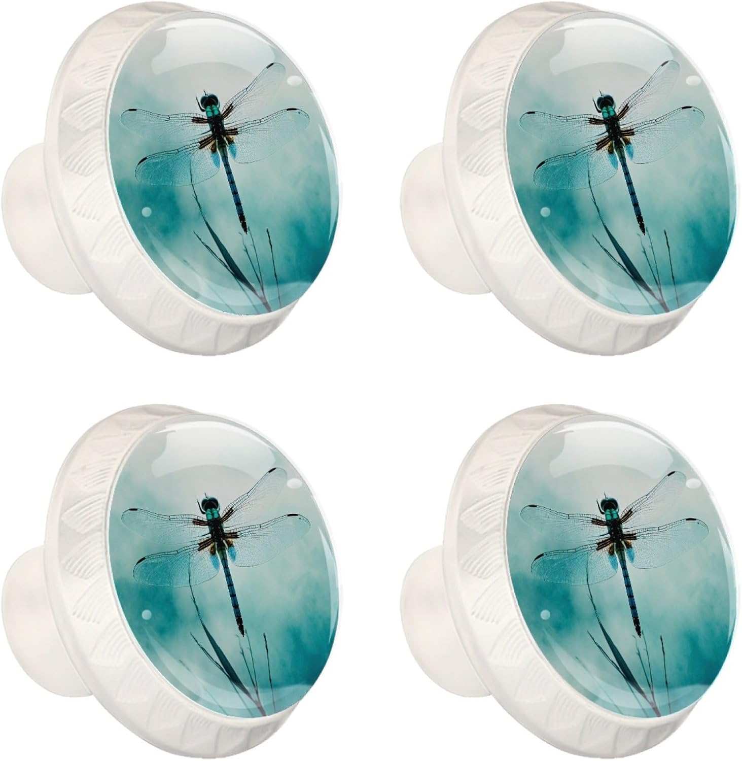 4 Pack Cabinet Knobs, Watercolor Dragonfly White Knobs with Screws Round Furniture Drawer Pulls Handle for Dresser Cupboard Wardrobe Closet Hardware