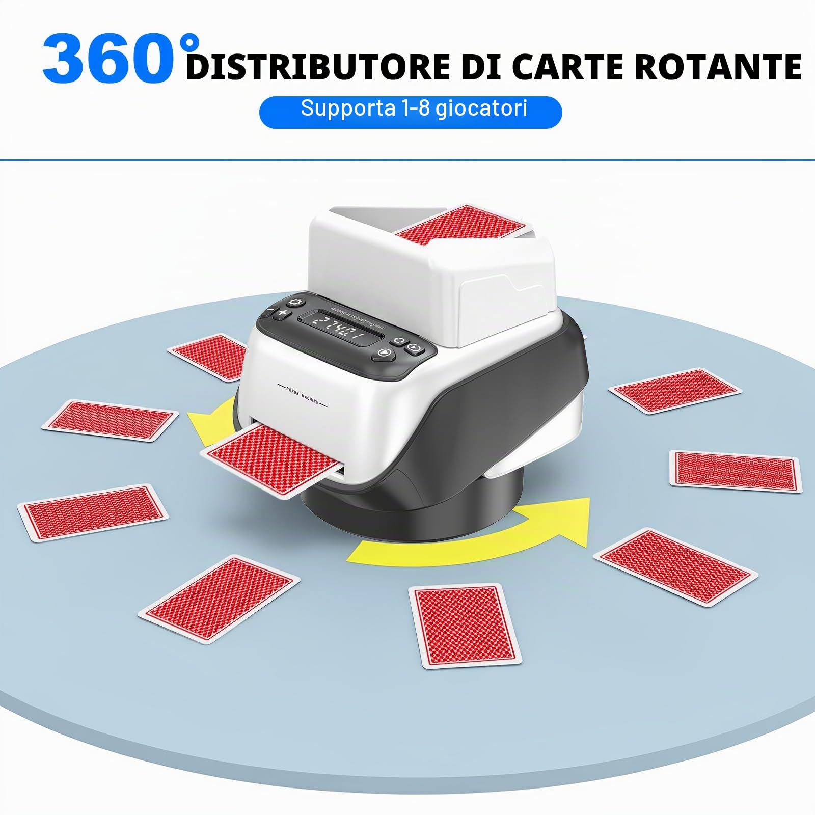 Distributore Automatico di Carte, Distributore Carte da Gioco Automatico, Rotazione 360° per 1-8 Giocatori, 1-4 mazzi, Macchina Distributore di Carte Ricaricabile e Silenzioso per Poker e UNO