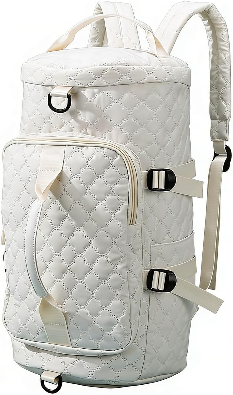 Jupkem Quilted Travel Duffel Bag Backpack Large-capacity independent shoe compartment Adjustable Carry Strap Gym Tote Bag (White)