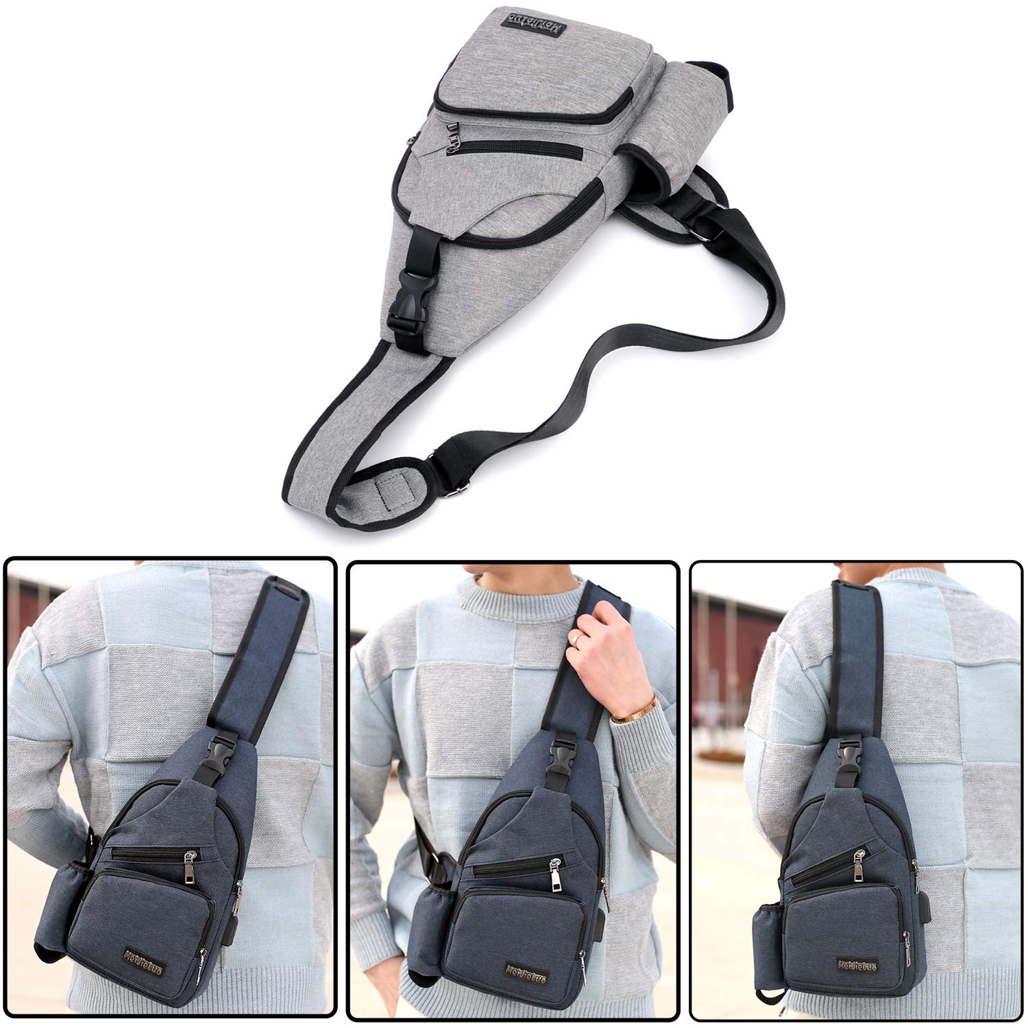 FANDARE Homme Sac de Poitrine Femme Sac d'Epaule Sacoche avec USB Sac Bandoulière Sling Bag Crossbody Bag pour Voyage, Cyclisme,Camping, randonnée, Imperméable Polyester
