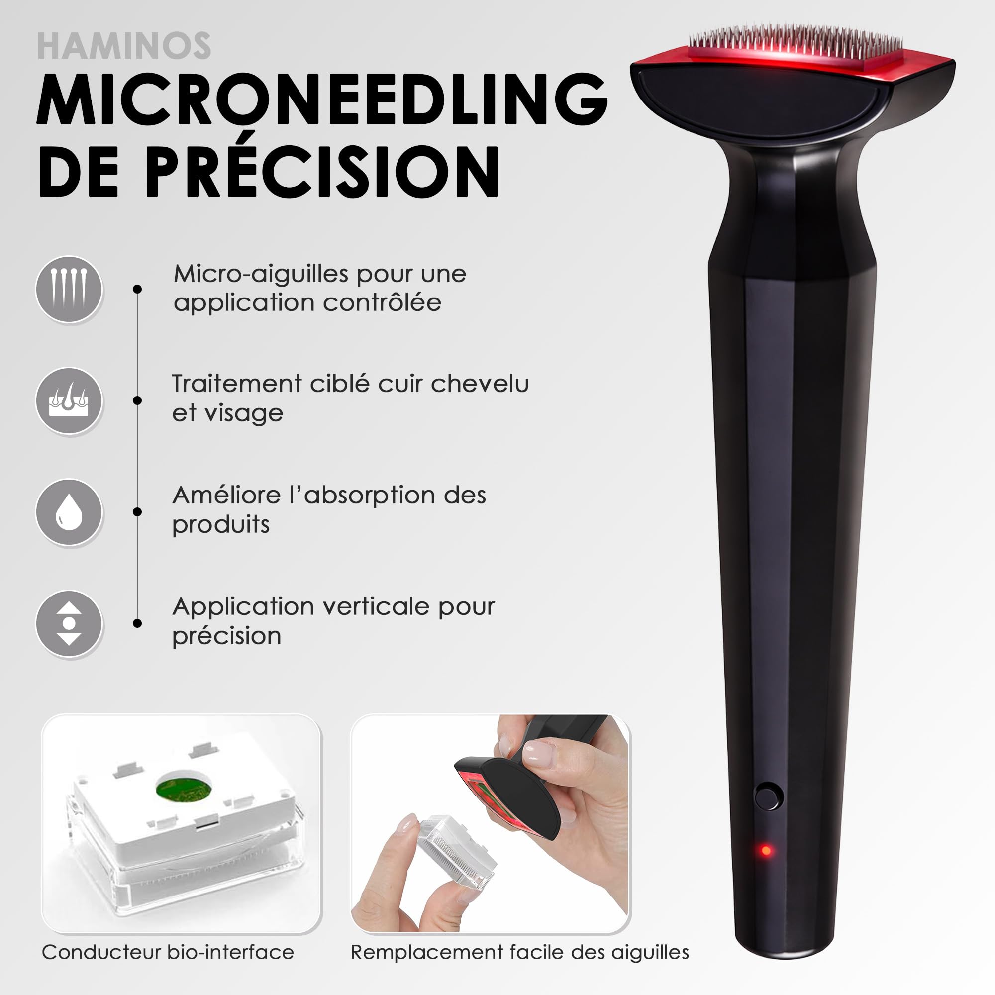 Derma Stamp 0,25 mm pour Cuir Chevelu et Peau, Appareil Microneedling 4 en 1 avec 2 Têtes d’Aiguilles, Lumière Rouge, Microcourant, Vibration, Recharge USB-C