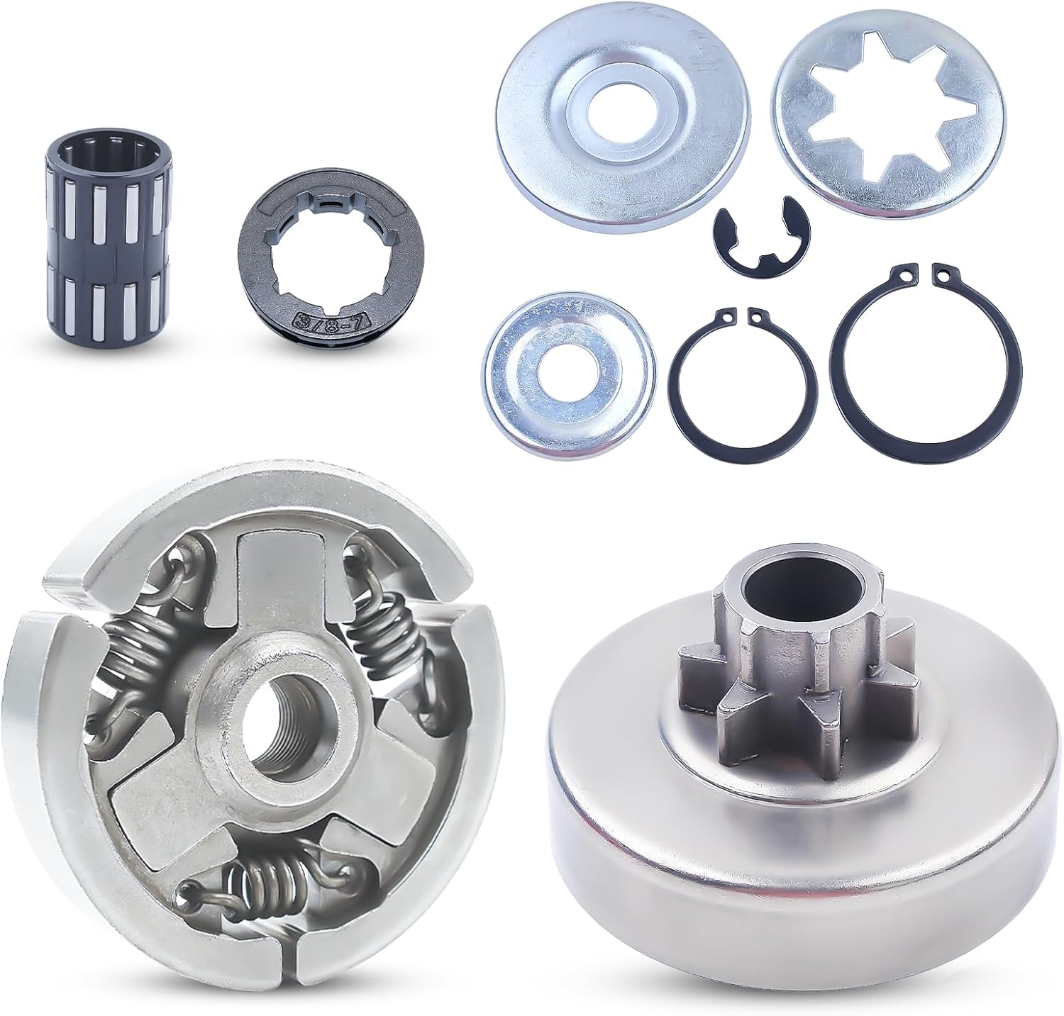3/8" 7T Clutch Drum Rim Sprocket Kit for Stihl 038 048 MS381 Chainsaw with Needle Bearing E-Clip Washer Repair Kit Replace 1119 00071003 95129333150