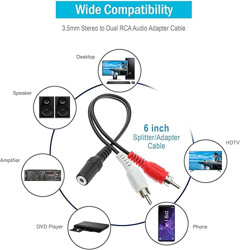 Miniatura 5 de QualConnectTM QUALCONNECT - Cable adaptador de audio estéreo a doble RCA de 0.138in, hembra a macho RCA dual (rojoblanco), 6 pulgadas