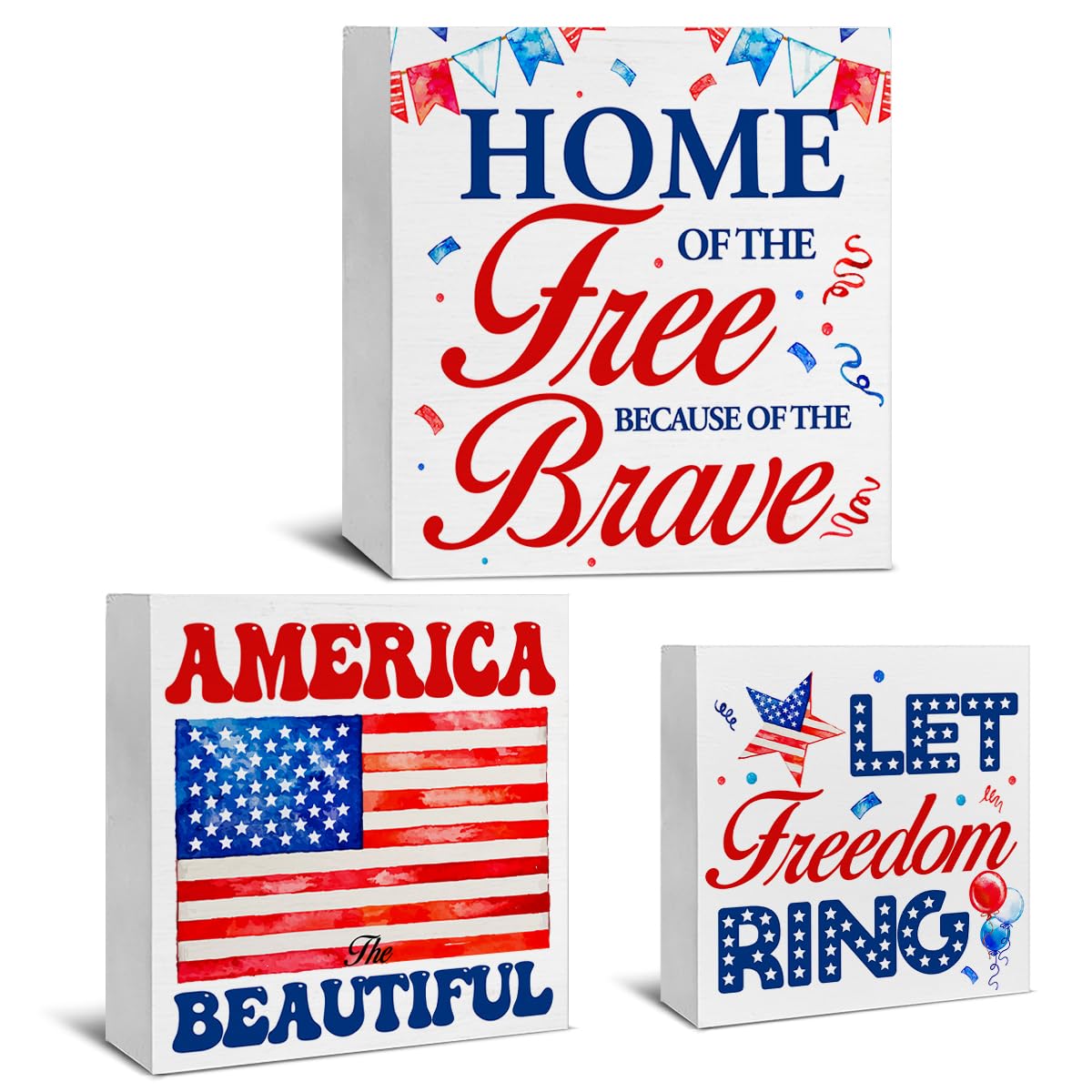 3 Pcs Patriotic Wood Signs Decor Patriotic Wood Block Signs Independence Day Wooden Box Signs Decorations for Home Tiered Tray Desk Table Shelf