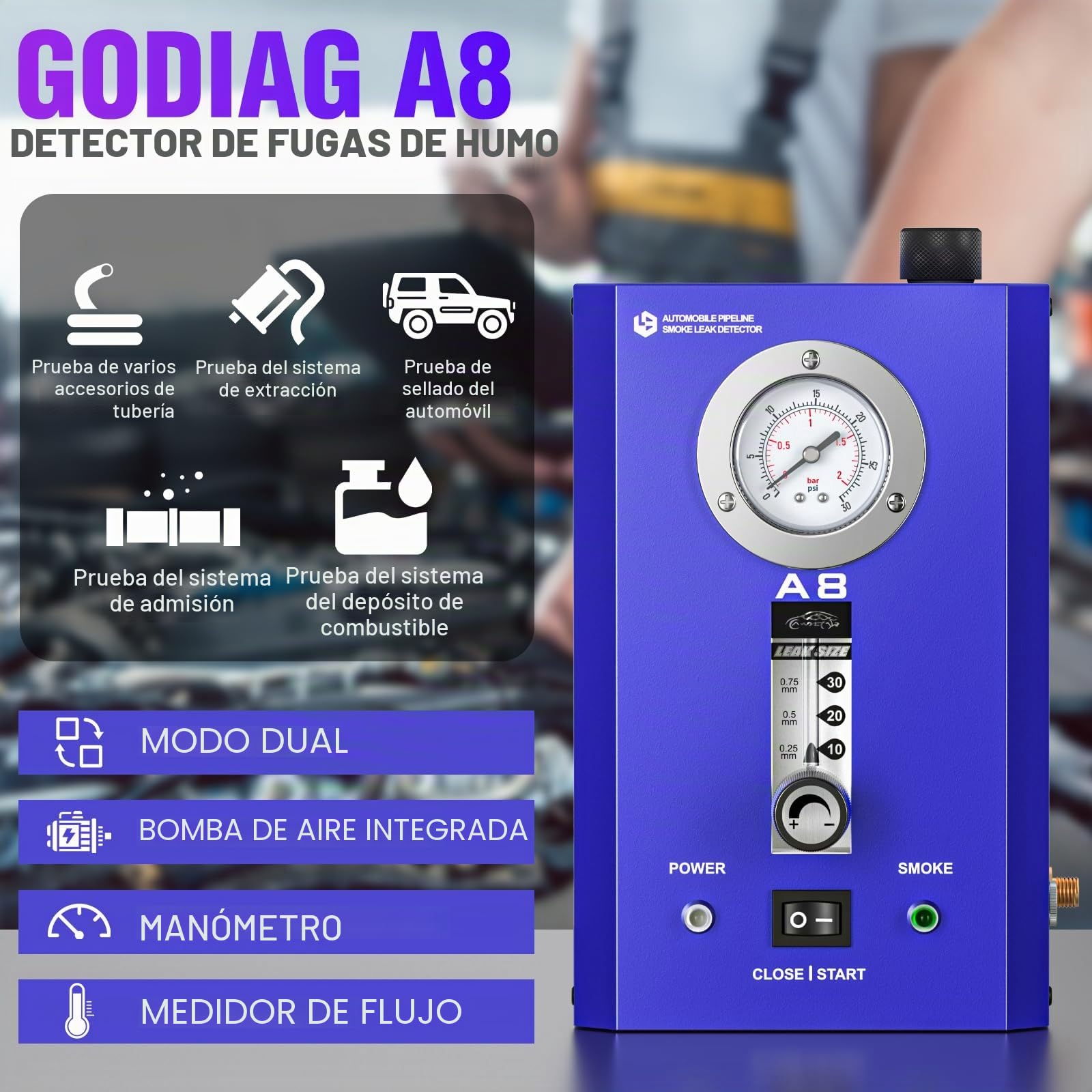 GODIAG 12V Máquina de Humo Automotriz Built-in Air Pump & Pressure Gauge Máquina de Humo Coche Maquina de Humo para Coche Apto para Coches Motos Camiones Barcos y ATVs, A8