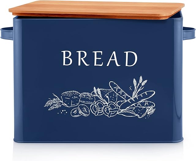 Joyfair Bread Bin, Metal Bread Box with Bamboo Cutting Board Lid, Extra Large Blue Bread Holder for Kitchen Countertop, Bread Storage Container Bin fit 2 Loaves, Space Saving & Farmhouse Style