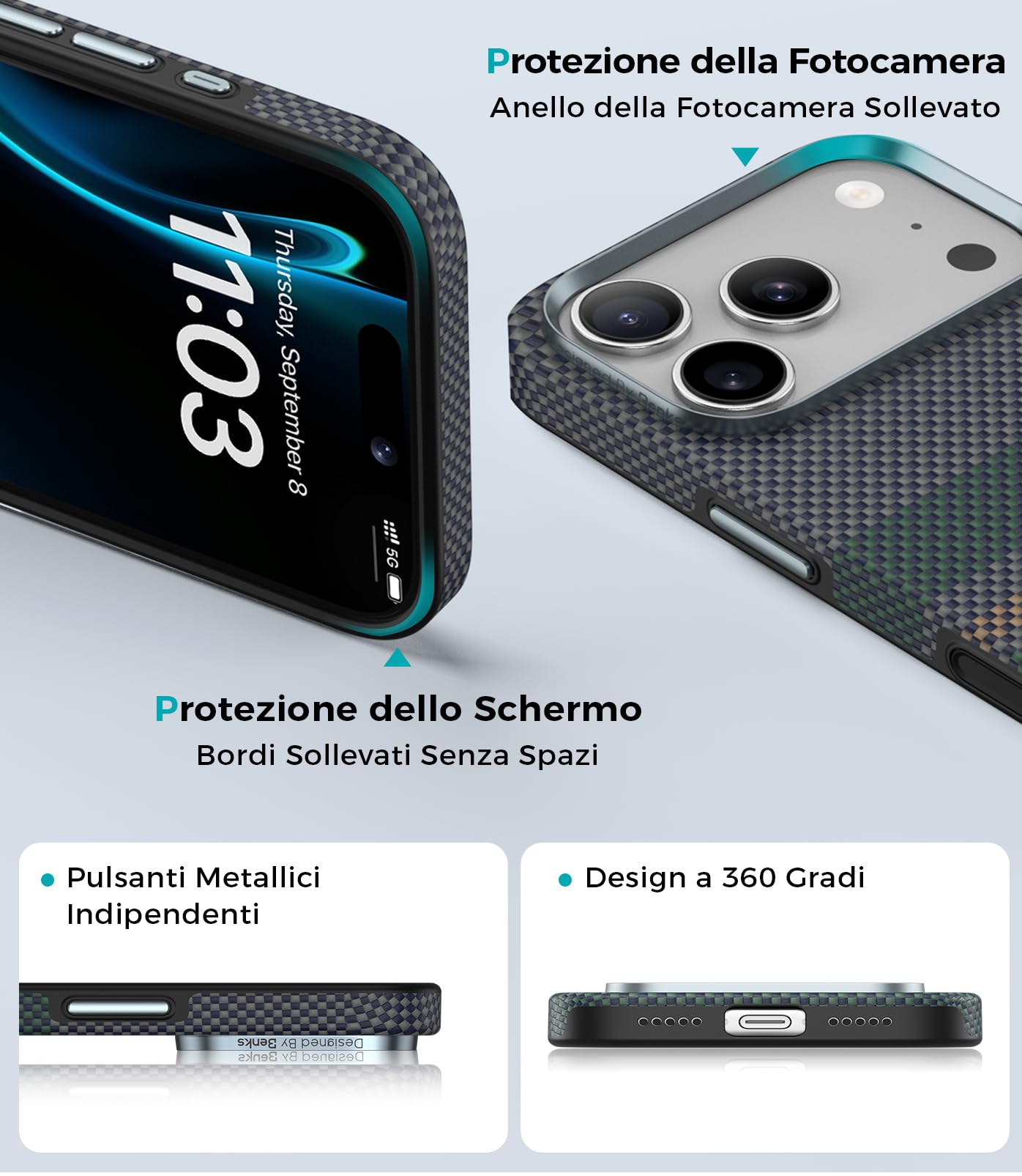 BENKS Aurora ArmorPro Cover Magnetica per iPhone 17 Pro con Protezione Fotocamera Compatibile con MagSafe, Fibra Aramidica 600D + 1000D e TPU, Sensazione Tessuta Confortevole