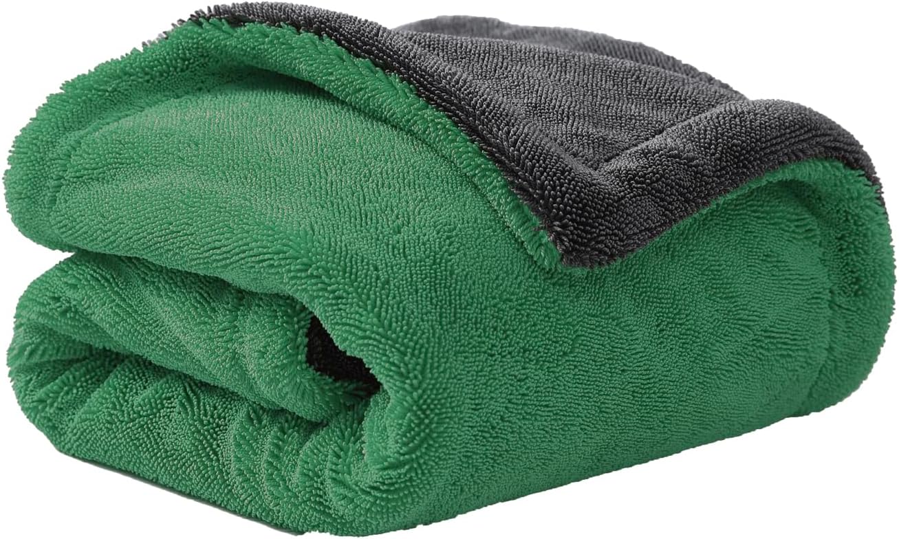 Extra Large Car Drying Towel, 36 Inches, 1300gsm,Super Absorbent Polyamide, Double-Twisted Design (Green and Grey)