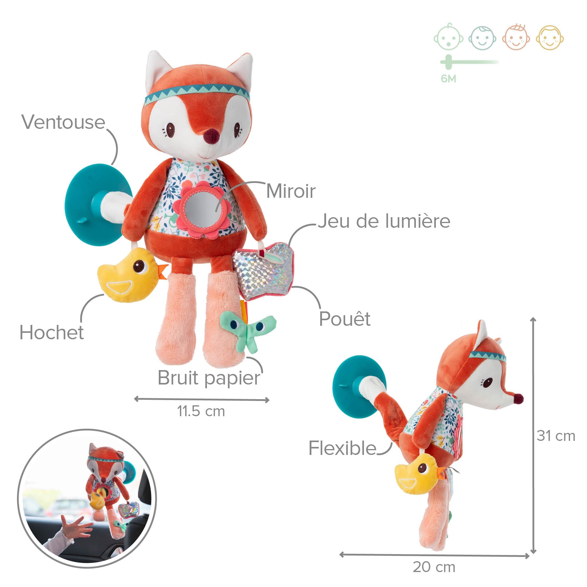 Peluche D'éveil Jeanne Le Chat - Avec Miroir, Hochet, Anneau Dentition, Pour Bébé Dès 9 Mois