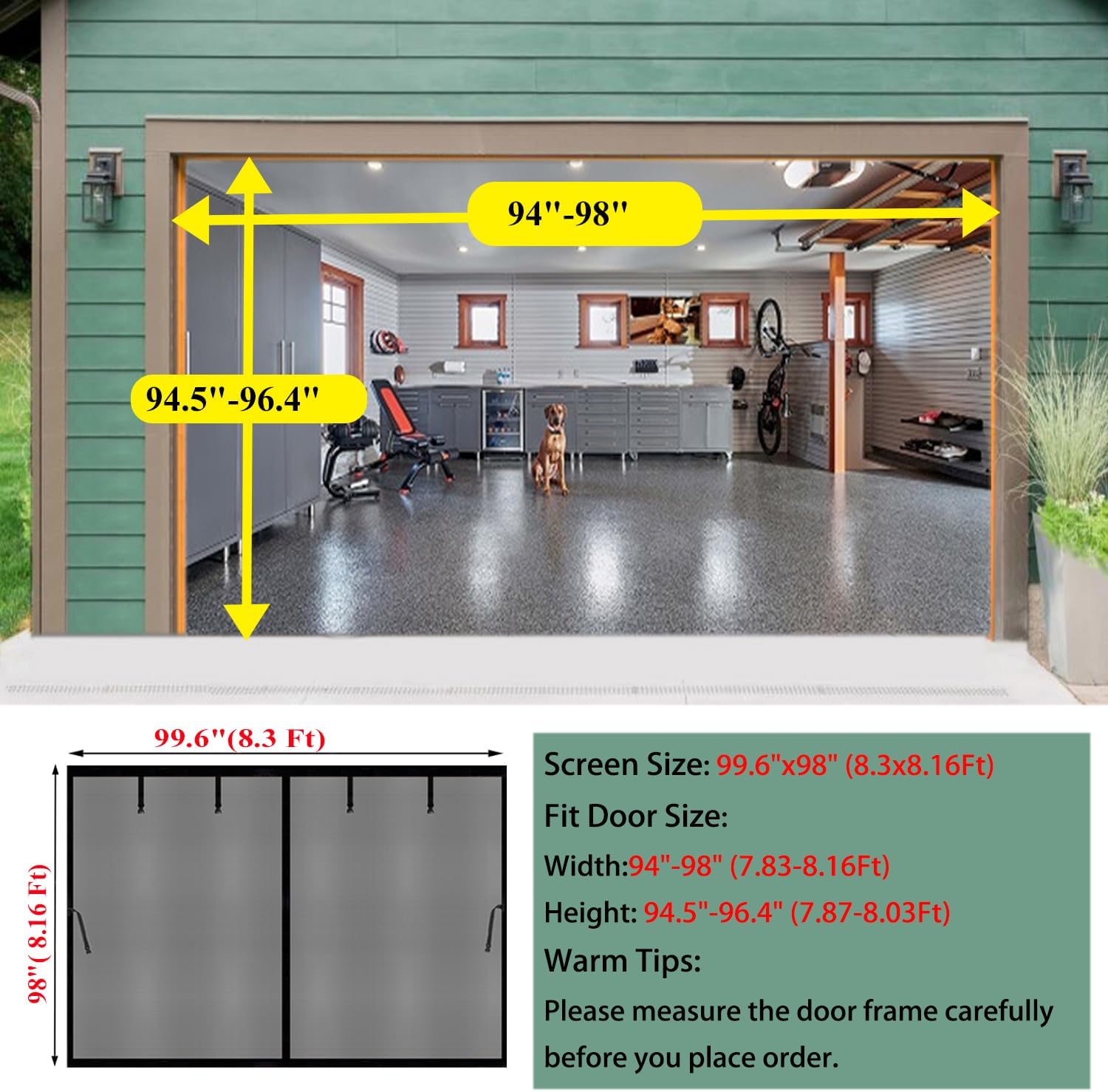 Magnetic Garage Door Screen 8x8ft for 1 Car, Heavy Duty Fiberglass Curtain, Hands Free & Kids Pets Friendly, Retractable Carport Garage Doors Patio Porch Screen Mesh (Black, for Door Size 8x8ft)