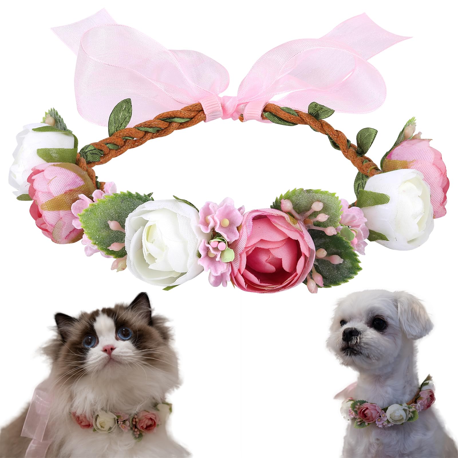 Nœud de mariage pour chien et chat avec couronne de fleurs roses de fête