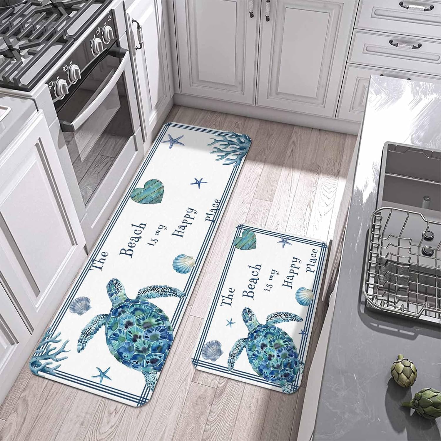 Prime Leader Blue Sea Turtle Kitchen Mat Set 2 Pieces Watercolor Beach Happy Place Seashell Starfish Non Slip Kitchen Rugs Washable Runner Rug Mats for Sink Laundry (19.7" x 31.5"+19.7" x 47.2")