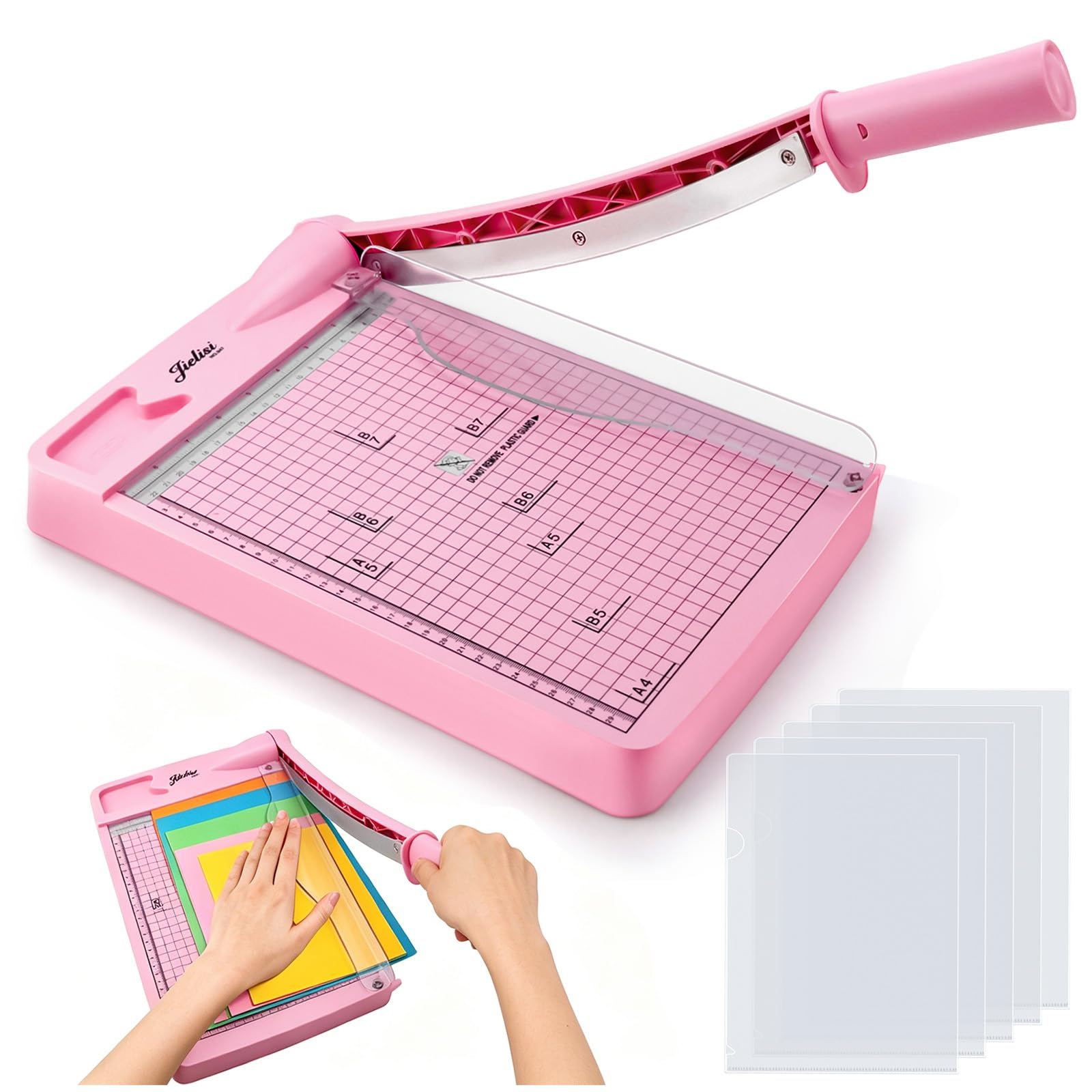 Papierschneider A4 (mit 5 Ordnern,12 Blatt,Schneidleistung A4/B5/A5/B6/B7) Hebelschneider Papierschneidemaschine Paper Cutter Geeignete Materialien Sind Dünne Bleche Leder Fotos (Rosa, A4)