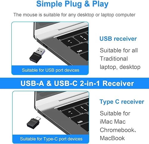 Miniatura 5 de Ratón Bluetooth recargable para laptop, mouse inalámbrico para iPadMacMacBook,Mouse jiggler Bluetooth 5.23.0 y 2.4GHz USB Tipo-C