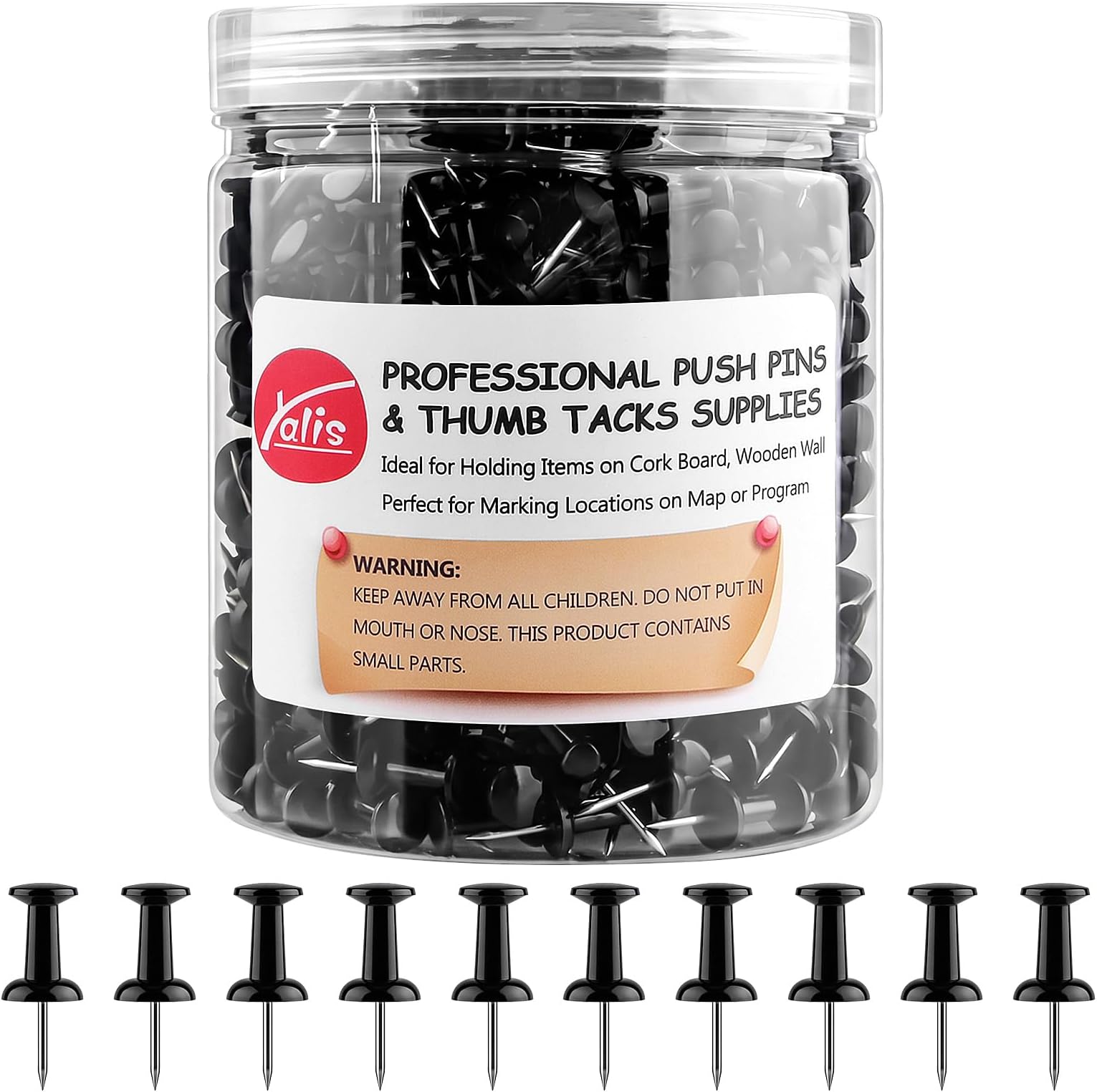Black Push Pins 600 Count, Standard Dark Thumb Tacks for Corkboard Bulletin Board