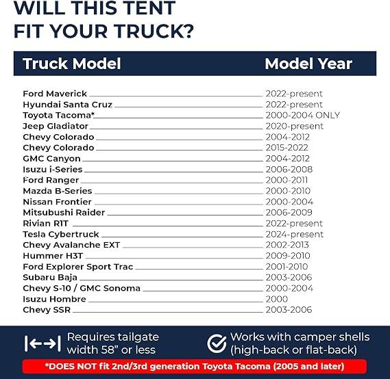 DAC Truck Bed Tent Pickup Truck Tent for Caps, Fits Ford Maverick. Jeep Gladiator, Ford Ranger, Nissan Frontier, Rivian R1T, Tesla Cybertruck Tailgate Width 58 Compatible with Camping Shells